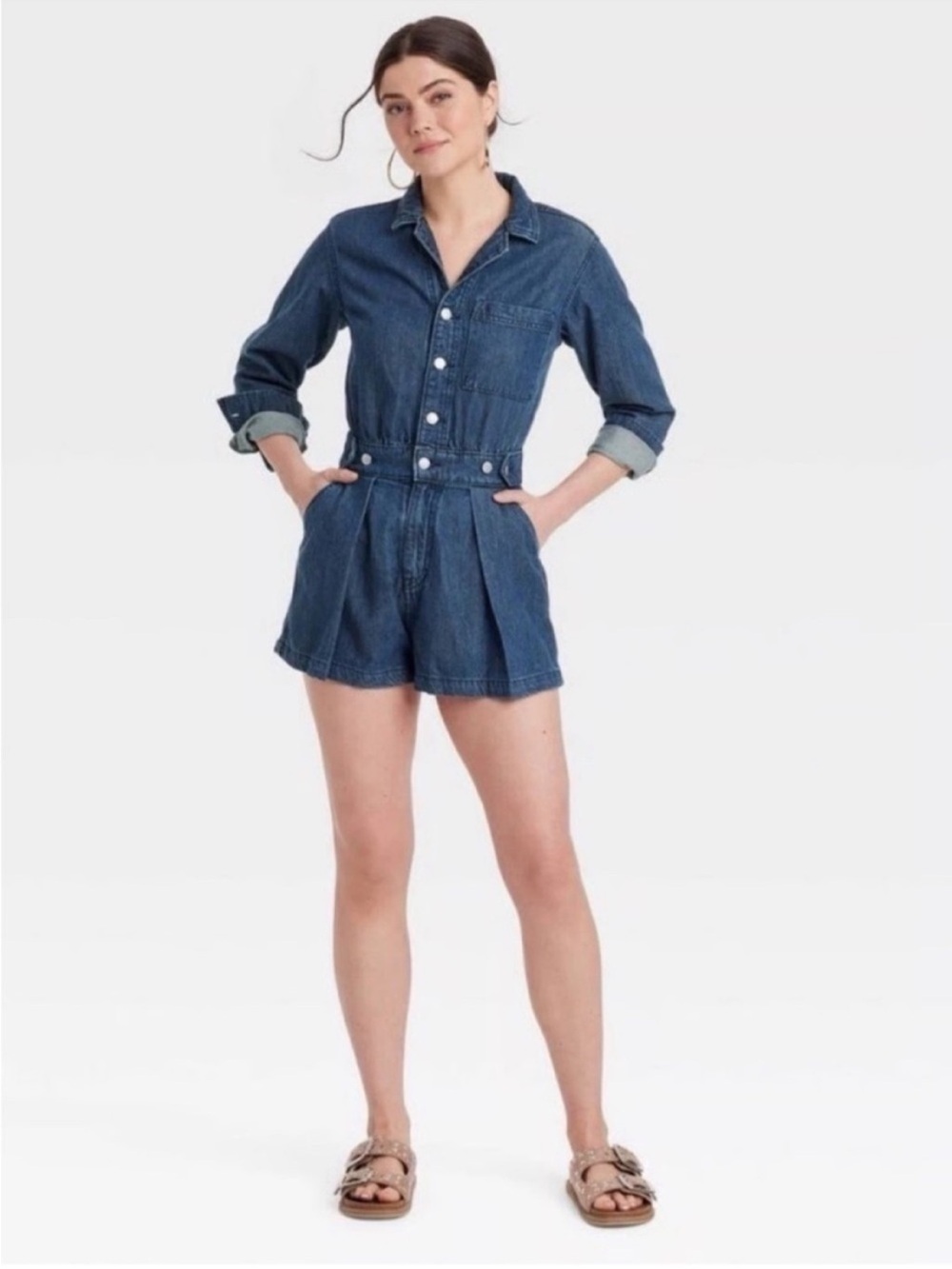 Universal Thread Tailored Long Sleeve Denim Shorts Utility Romper Size 10 | NWT